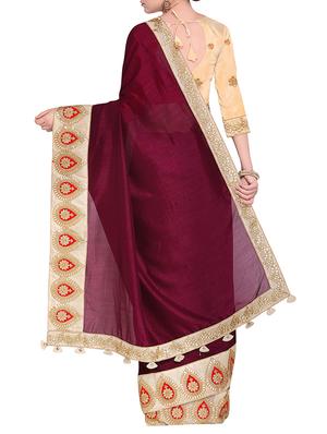 contrast embroidered border maroon saree with blouse - 15475448 - Standard Image - 2