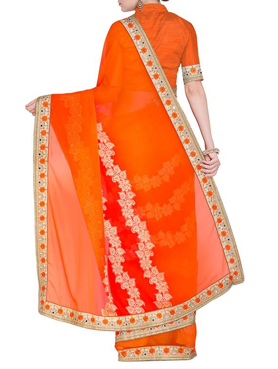 embroidered border brasso orange saree with blouse - 15475456 - Zoom Image - 2