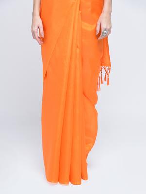 tassels pallu plain orange saree with blouse - 15482348 - Standard Image - 2