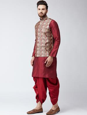 maroon silk blend dhoti kurta set with nehru jacket - 15485014 - Standard Image - 2