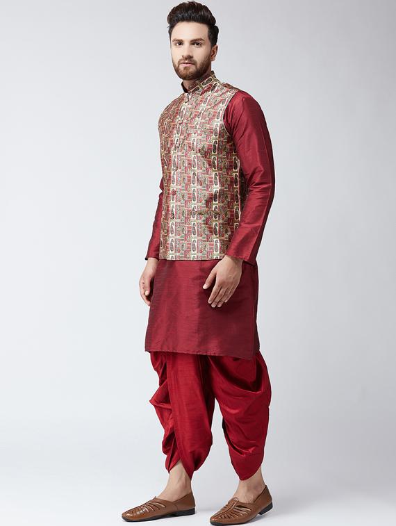 maroon silk blend dhoti kurta set with nehru jacket - 15485014 - Zoom Image - 2