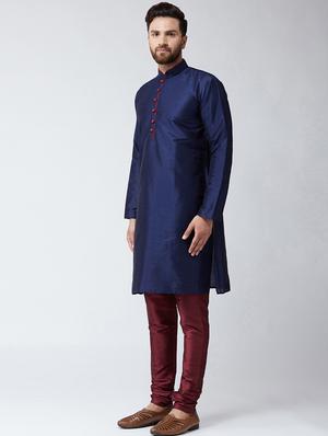 navy blue & maroon silk blend kurta pyjama set - 15485027 - Standard Image - 2