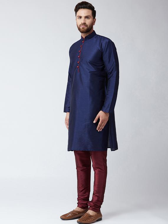 navy blue & maroon silk blend kurta pyjama set - 15485027 - Zoom Image - 2