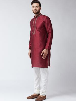 maroon & white silk blend kurta pyjama set - 15485045 - Standard Image - 2