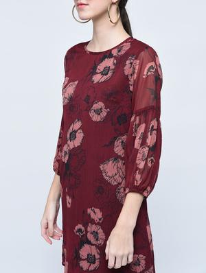 Burgundy floral lantern sleeved dress - 15486017 - Standard Image - 2