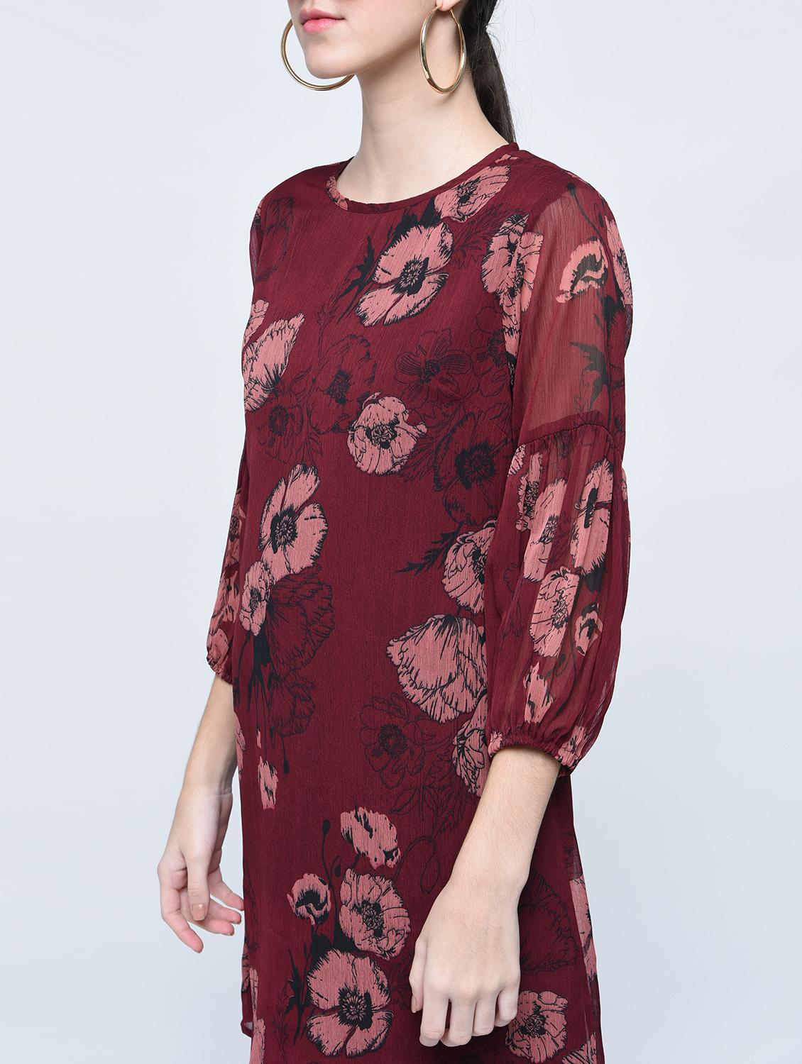 Burgundy floral lantern sleeved dress - 15486017 - Zoom Image - 2
