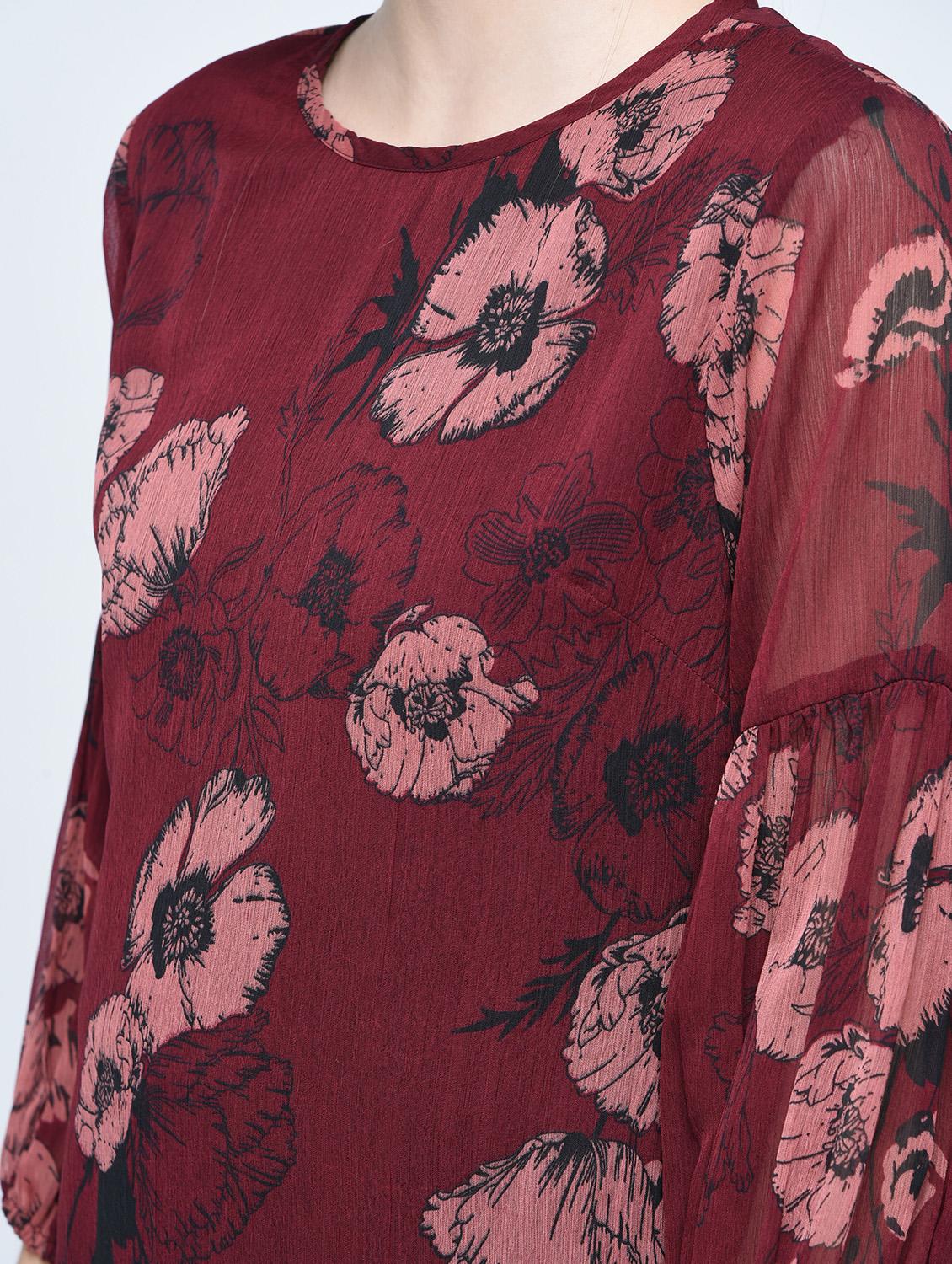 Burgundy floral lantern sleeved dress - 15486017 - Zoom Image - 5