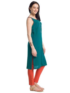Teal thread work straight kurta - 15494844 - Standard Image - 2