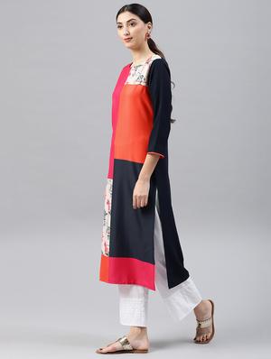 Color block straight kurta - 15496821 - Standard Image - 2