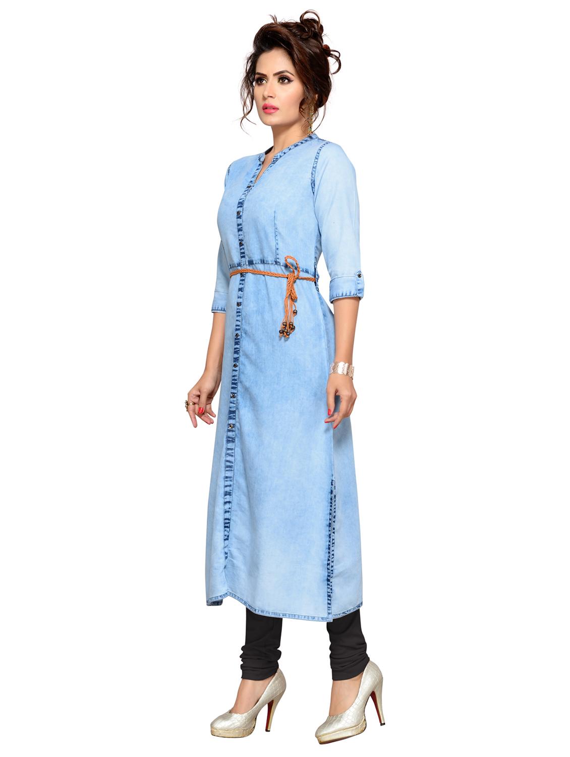 Denim straight kurta with belt - 15500072 - Zoom Image - 2