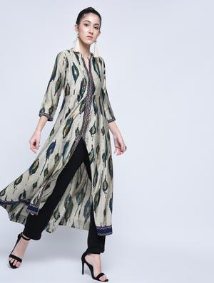 Silk Anarkali slit ikat print kurta - 15501402 - Standard Image - 2