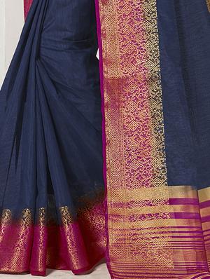 Linen zari bordered saree with blouse - 15501523 - Standard Image - 2