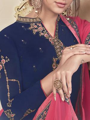 Embroidered semi-stitched straight pant suit - 15503352 - Standard Image - 2