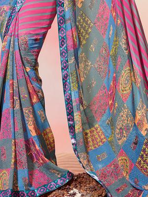 lace border striped printed saree with blouse - 15505196 - Standard Image - 2