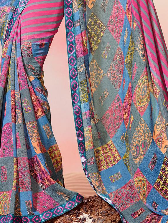 lace border striped printed saree with blouse - 15505196 - Zoom Image - 2