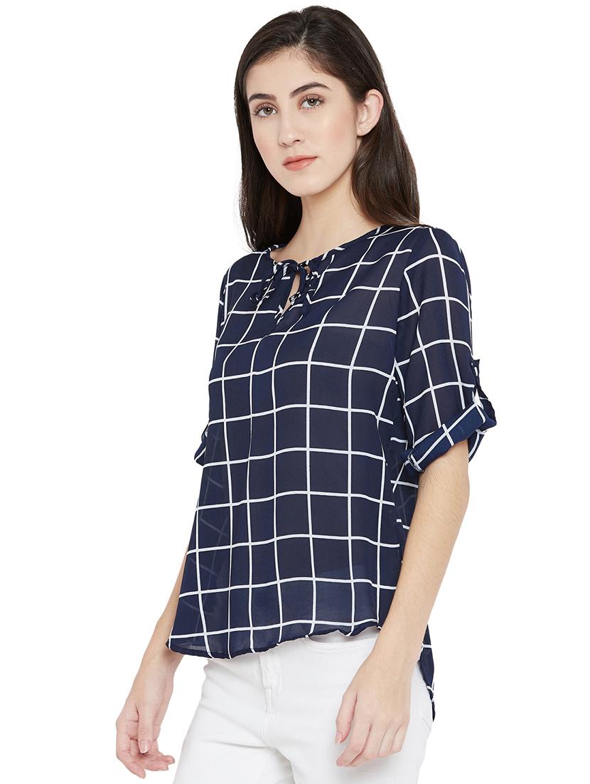 tie-up neck checkered high low top - 15505851 - Zoom Image - 2