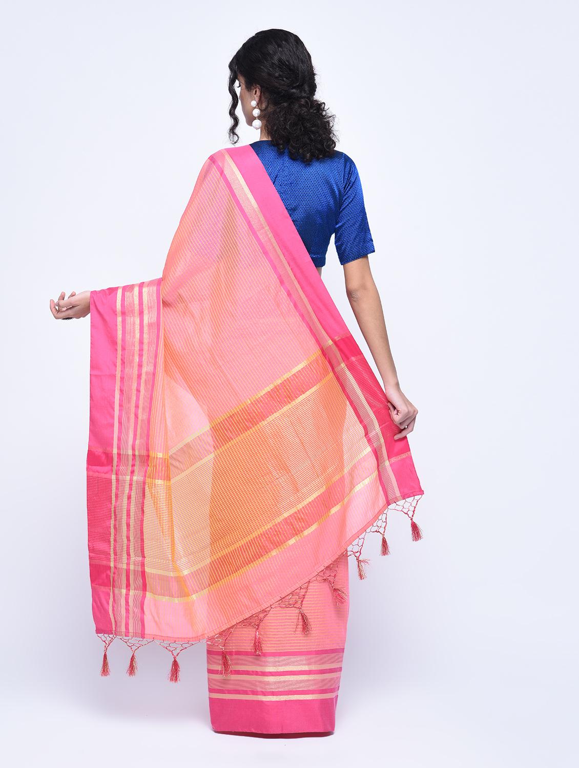 Zari stripes handloom saree with blouse - 15513902 - Zoom Image - 2