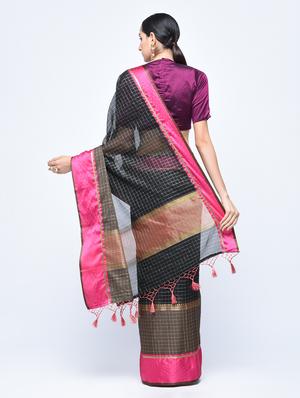Mercerised checkered banarasi saree with blouse - 15513944 - Standard Image - 2
