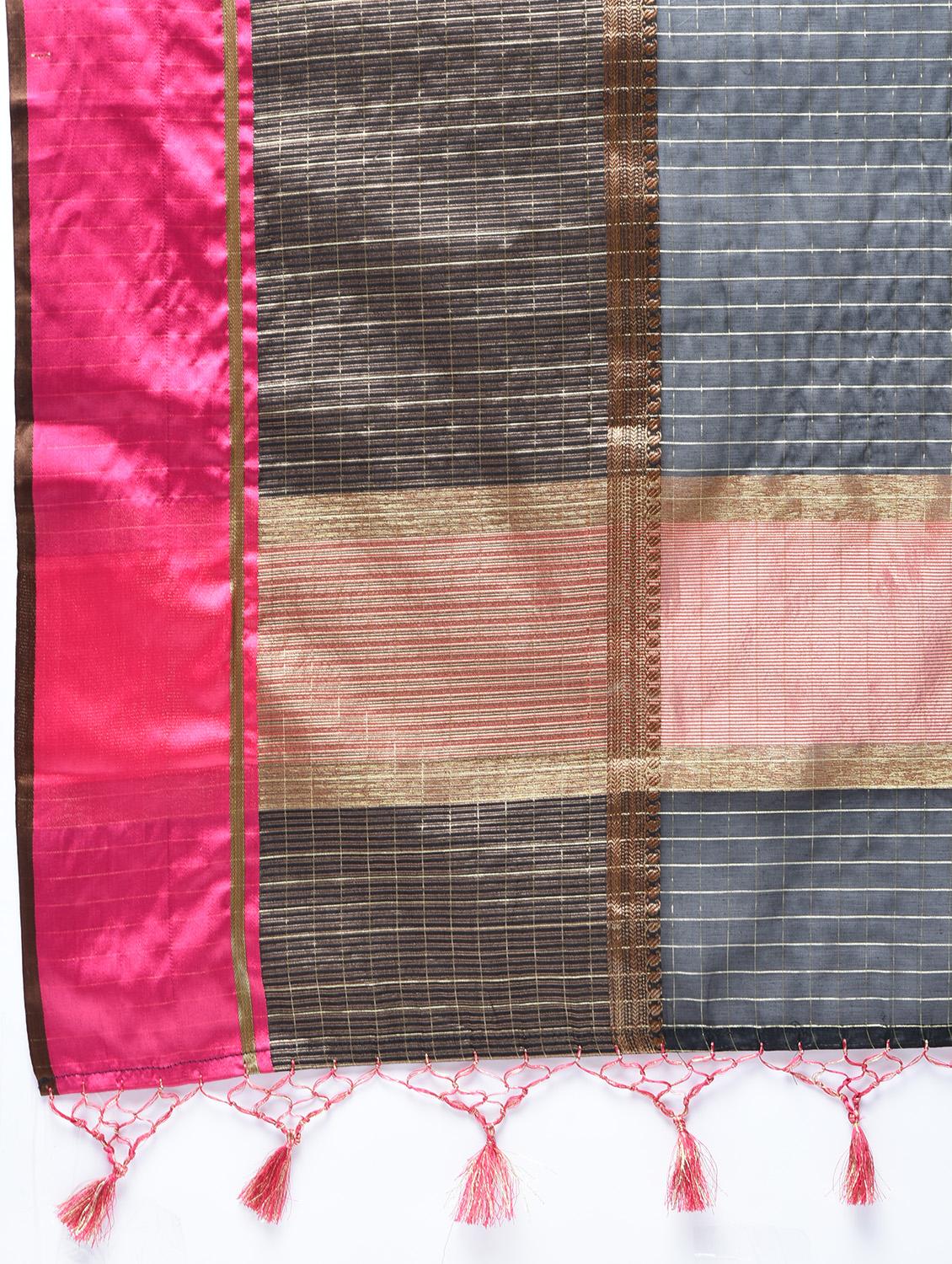 Mercerised checkered banarasi saree with blouse - 15513944 - Zoom Image - 5