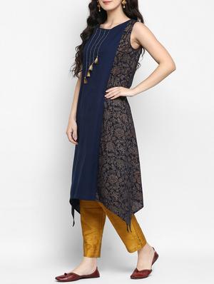 blue cotton fusion kurta - 15515192 - Standard Image - 2