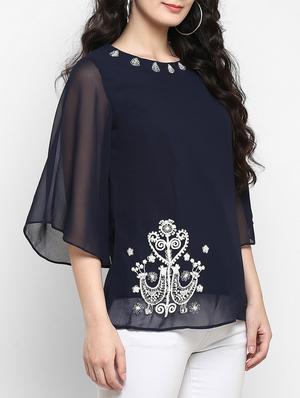 flared sleeved embroidered top - 15515742 - Standard Image - 2