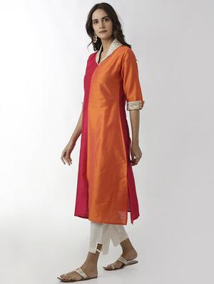 Color block silk a-line kurta - 15524720 - Standard Image - 2