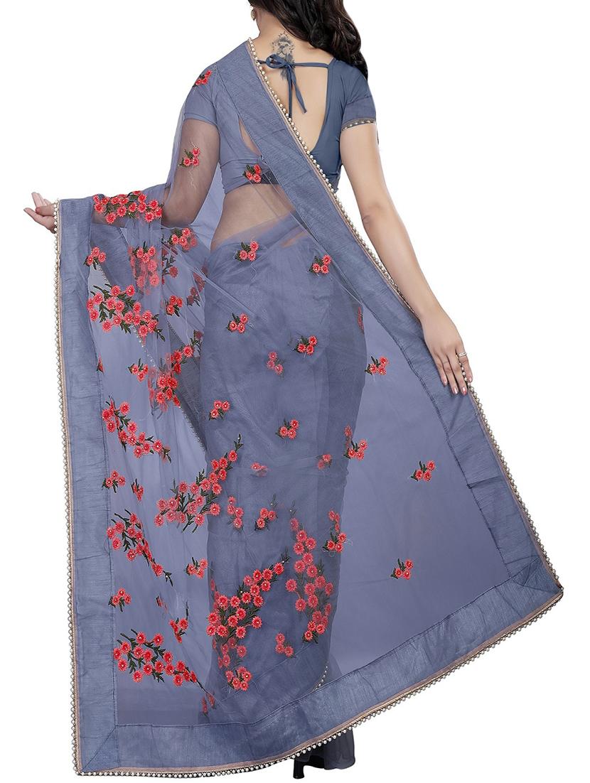 Floral embroidered saree with blouse - 15525277 - Zoom Image - 2