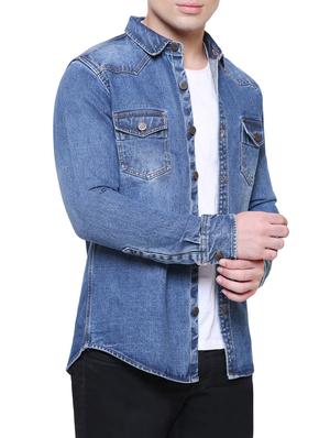 blue denim casual shirt - 15528711 - Standard Image - 2
