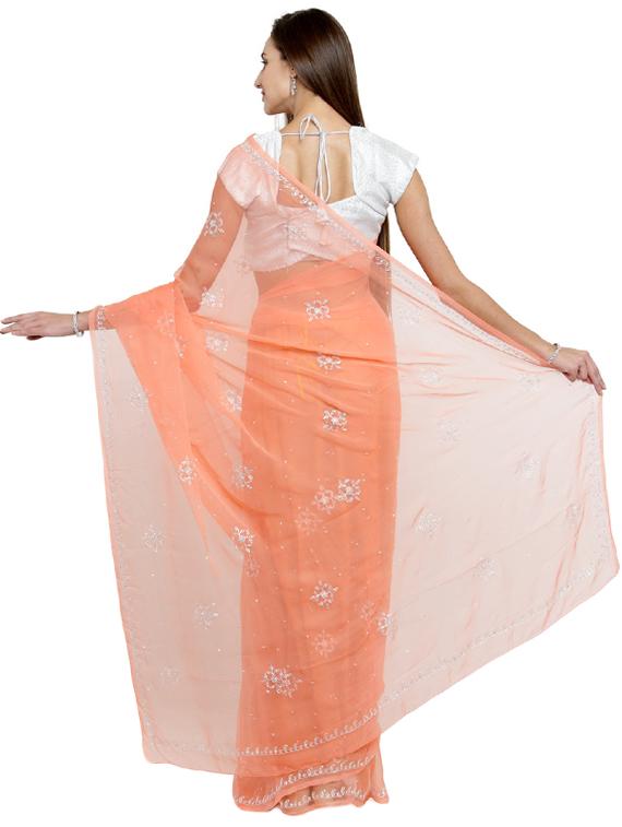 sequined embellished peach saree with blouse - 15537626 - Zoom Image - 2