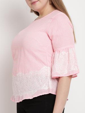 Striped lace detail sleeved top - 15538333 - Standard Image - 2