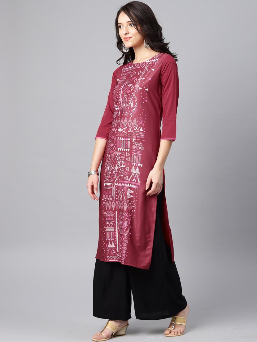 Wine printed straight kurta - 15547618 - Zoom Image - 2