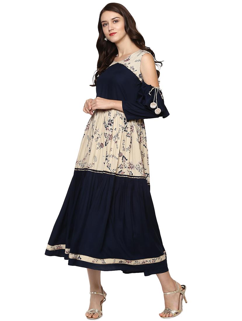 Cold shoulder printed tiered kurta - 15558558 - Zoom Image - 2