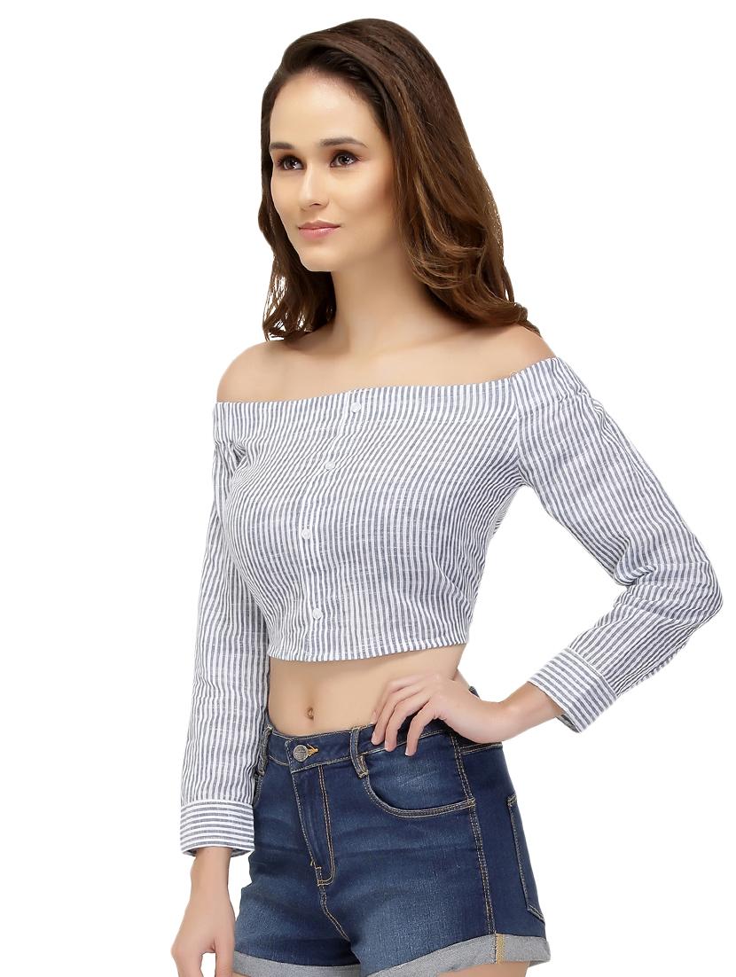 button up off shoulder crop top - 15560060 - Zoom Image - 2