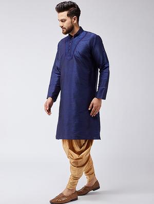 blue & gold silk blend dhoti kurta set - 15565999 - Standard Image - 2