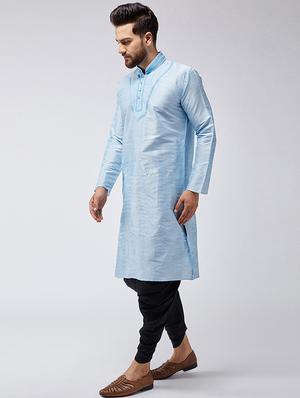 aqua blue & black silk blend dhoti kurta set - 15566010 - Standard Image - 2