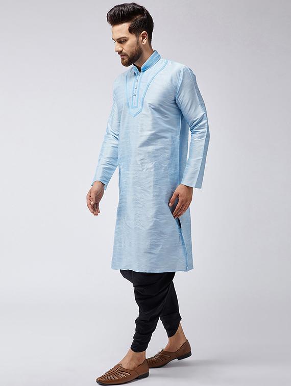 aqua blue & black silk blend dhoti kurta set - 15566010 - Zoom Image - 2