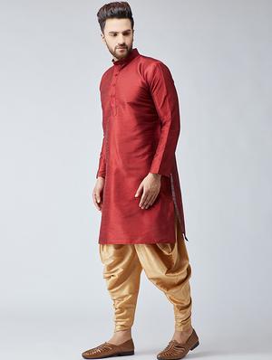 maroon & gold silk blend dhoti kurta set - 15566016 - Standard Image - 2