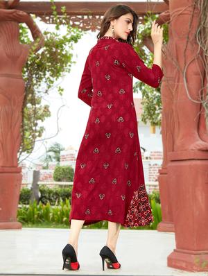Burgundy A-line printed dress - 15567920 - Standard Image - 2