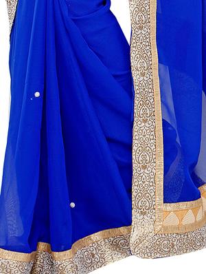 stone embellished royal blue saree with blouse - 15571954 - Standard Image - 2