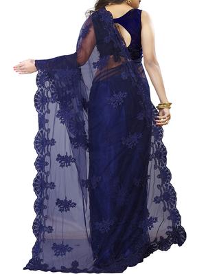 floral embroidered navy blue saree with blouse - 15572171 - Standard Image - 2