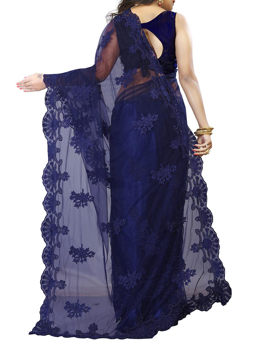 floral embroidered navy blue saree with blouse - 15572171 - Zoom Image - 2