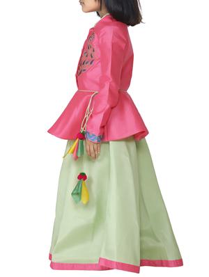 pink satin peplum jacket and lehnga set - 15585109 - Standard Image - 2