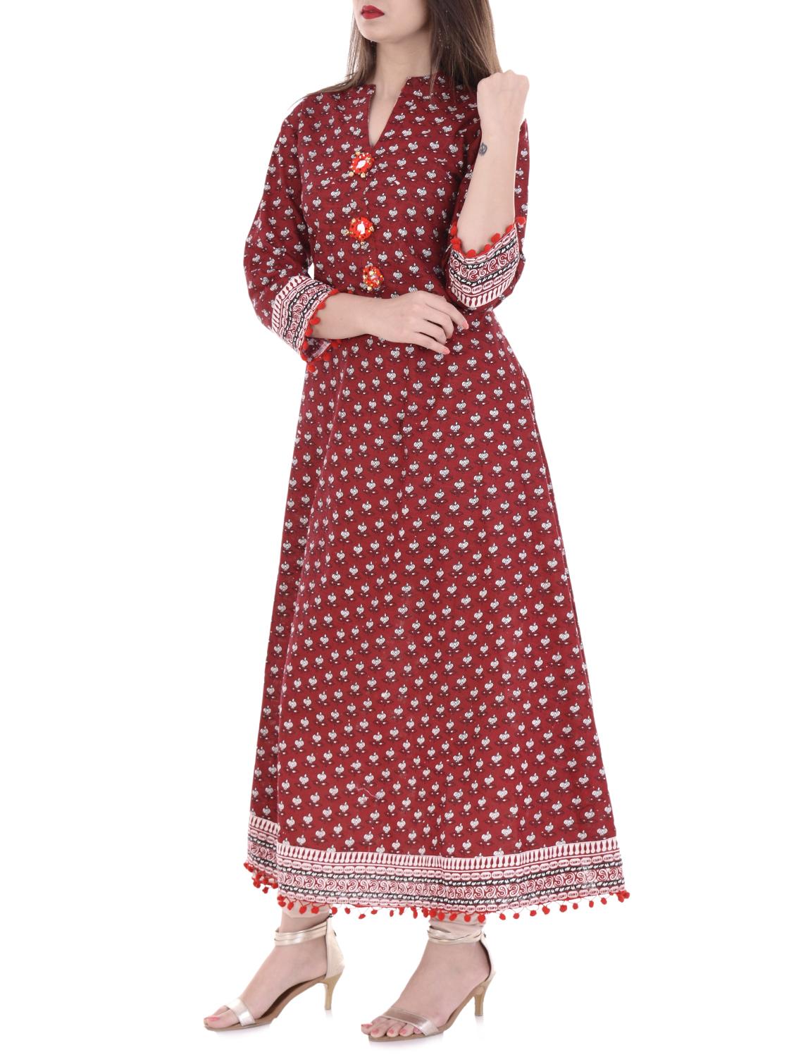 mirror work a-line printed kurta - 15586799 - Zoom Image - 2