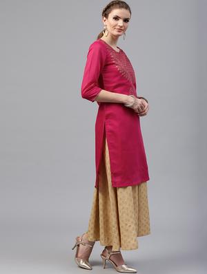 Foil printed chanderi kurta with palazzo set - 15586823 - Standard Image - 2