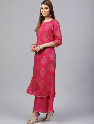 Fuchsia foil printed gota detail kurta with palazzo set - 15586830 - Standard Image - 2