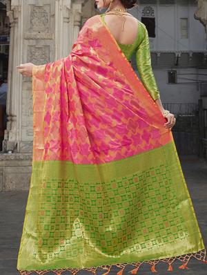 contrast zari pallu banarasi saree with blouse - 15591535 - Standard Image - 2