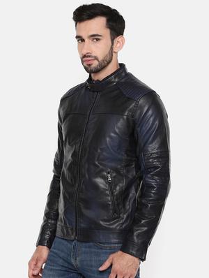 navy blue leather biker jacket - 15601752 - Standard Image - 2