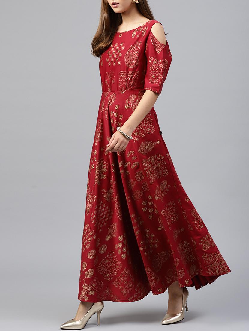 Gold foil print cold sleeves flared kurta - 15605819 - Zoom Image - 2