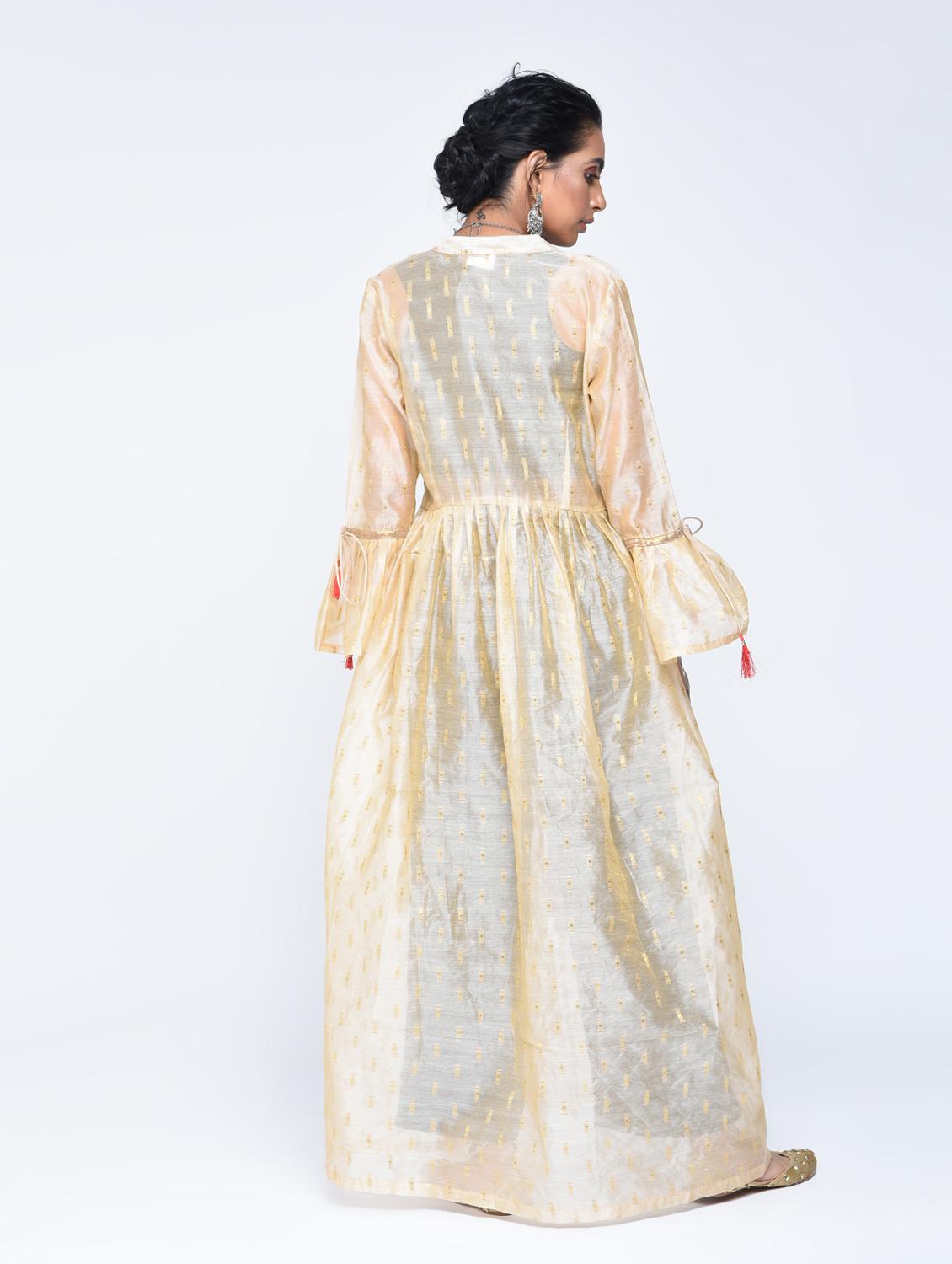 Bell sleeved chanderi top pant with shrug set - 15606722 - Zoom Image - 2
