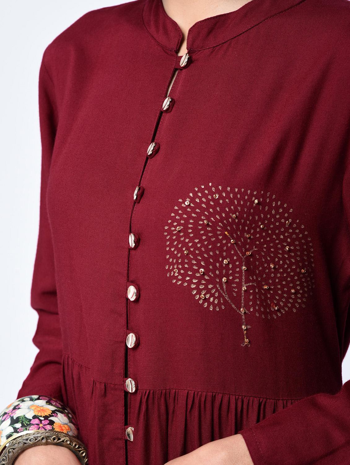 Wine high slit printed kurta - 15606727 - Zoom Image - 5